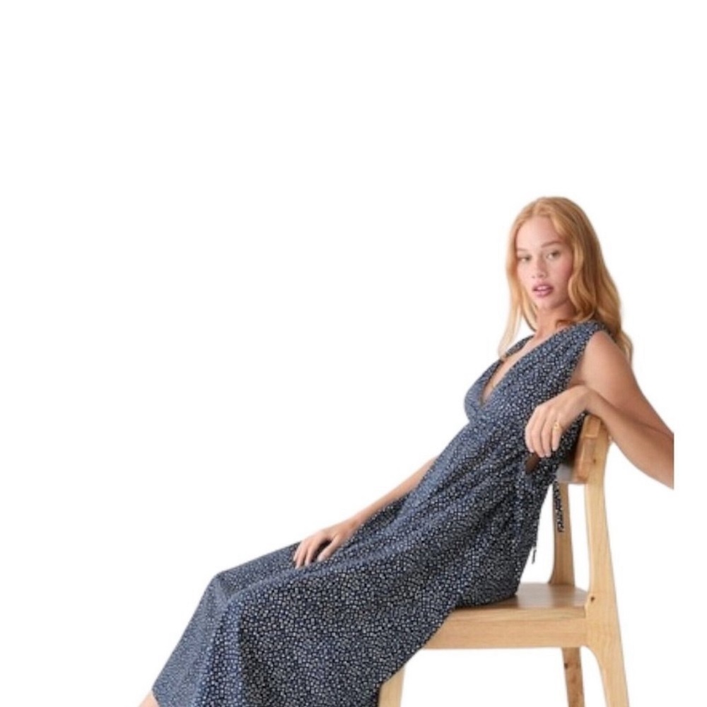 J Crew Side Tie Beach Dress Sz M Navy Blue White Polka Dot Maxi Organic Cotton